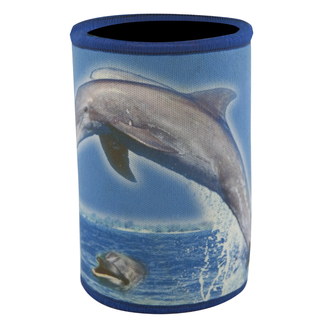 The Company Branded Stubby Cooler is a cylindrical item featuring a blue-rimmed design, with dolphins leaping and swimming against a sea-to-sky gradient in blues and whites.