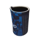 The Company Branded Stubby Cooler is a blue and black collapsible beverage insulator with a zippered top designed to keep drinks cold.