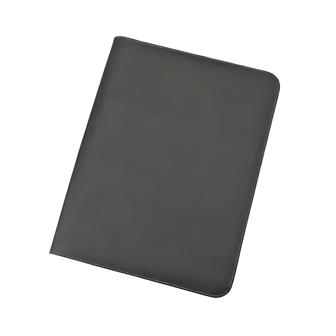 The black Contrast A4 Zip Folder features a sleek leather design with curved edges and a shiny finish, displayed against a white background to highlight its sophistication.