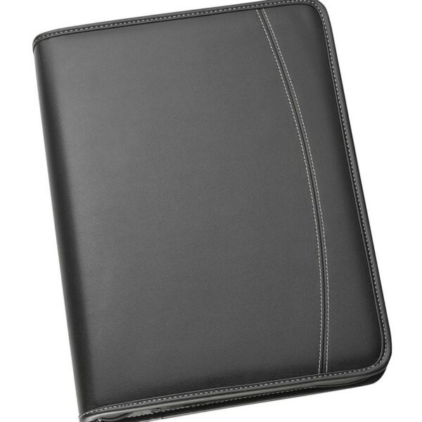 The Contrast Ring Folder is a sleek, black leather folder with an elegant curved stitch design on the cover, offering a professional and minimalist style with subtle contrast, accentuating its sophistication.