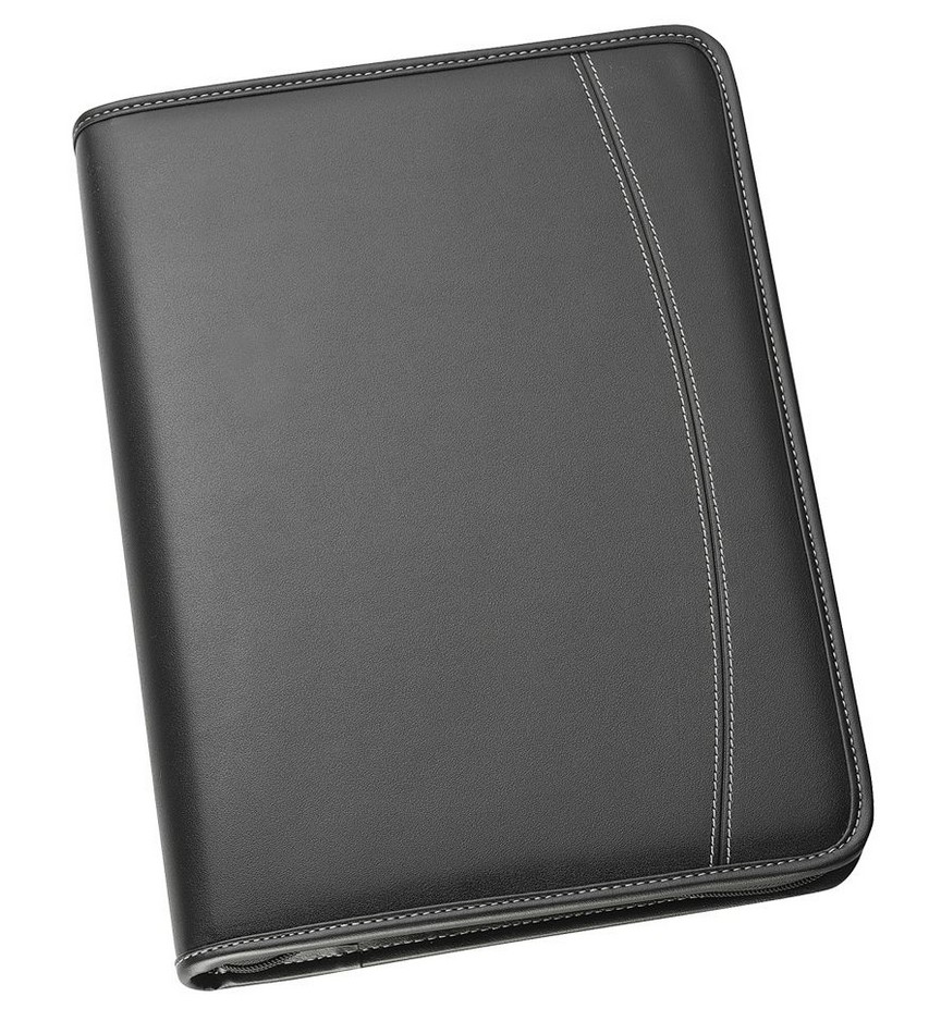 The Contrast Ring Folder is a sleek, black leather folder with an elegant curved stitch design on the cover, offering a professional and minimalist style with subtle contrast, accentuating its sophistication.