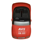 Top view of the CONVERTIBLE COIN SAVINGS BANK, a red toy car with AVIS, a phone number, and www.avis.com.au on the hood. Featuring a black interior and steering wheel, this delightful model is both decorative and functional.