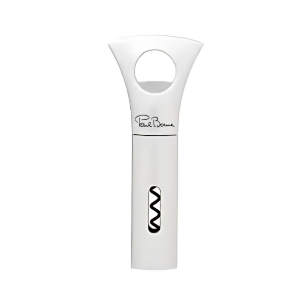 The Corporate Branding Paul Bocuse Corkscrew is a sleek, modern tool with a wide curved handle and visible spiral mechanism. It features decorative text inspired by Paul Bocuse, adding culinary elegance to this essential wine accessory.