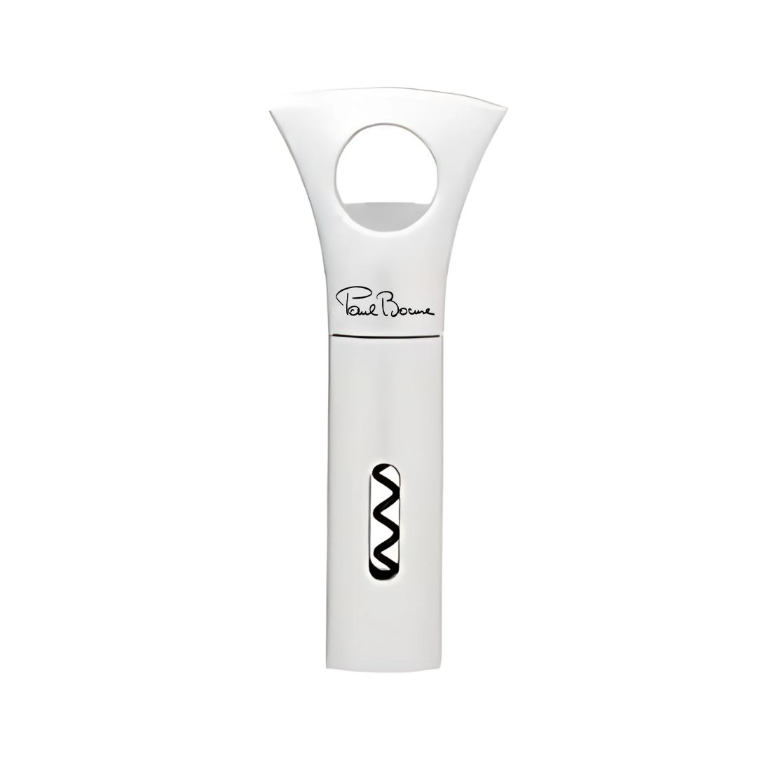 The Corporate Branding Paul Bocuse Corkscrew is a sleek, modern tool with a wide curved handle and visible spiral mechanism. It features decorative text inspired by Paul Bocuse, adding culinary elegance to this essential wine accessory.
