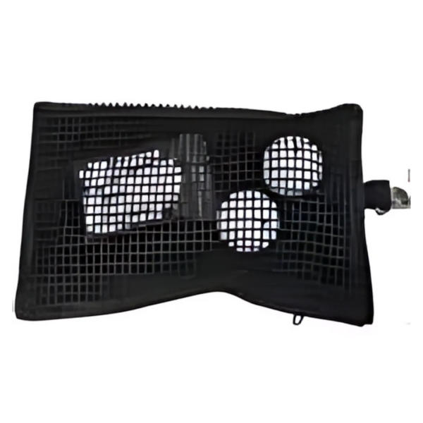 A black mesh net, akin to a Corporate Golf Scorecard Holder, secures various rectangular and circular objects against a stark white background, much like an elegant golf accessory ready for the next big game.