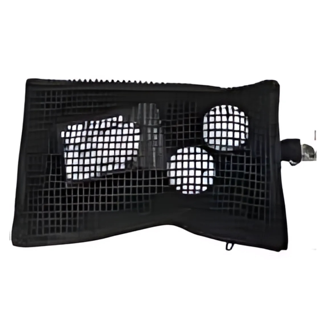A black mesh net, akin to a Corporate Golf Scorecard Holder, secures various rectangular and circular objects against a stark white background, much like an elegant golf accessory ready for the next big game.