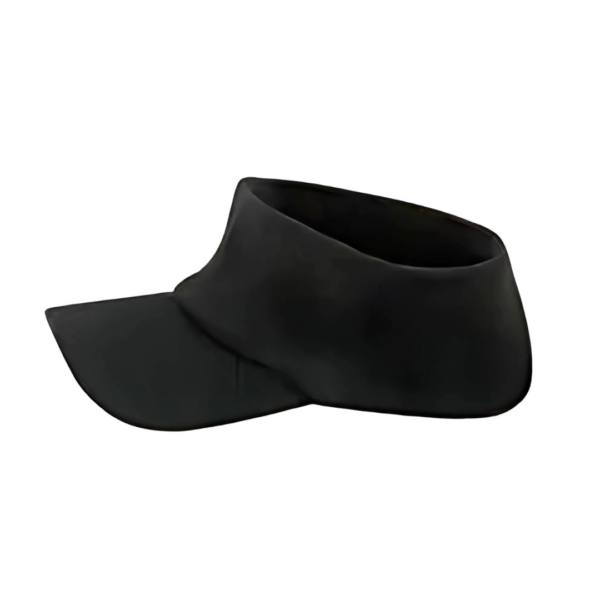 The Cotton acrylic knit open visor is a black, breathable cotton cap with a slightly curved brim designed to shade the eyes while leaving the head uncovered.