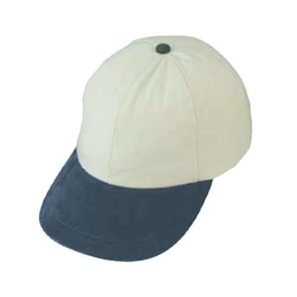 The Cotton canvas 6-panel cap features a cream crown with a dark blue bill, a button on top, and stitching lines extending to the brim, all isolated on a white background.