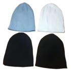 Four knit beanies are displayed: a light blue cotton one in the top left, a white one in the top right, a dark blue Cotton drop needle knit beanie in the bottom left, and a black one in the bottom right.