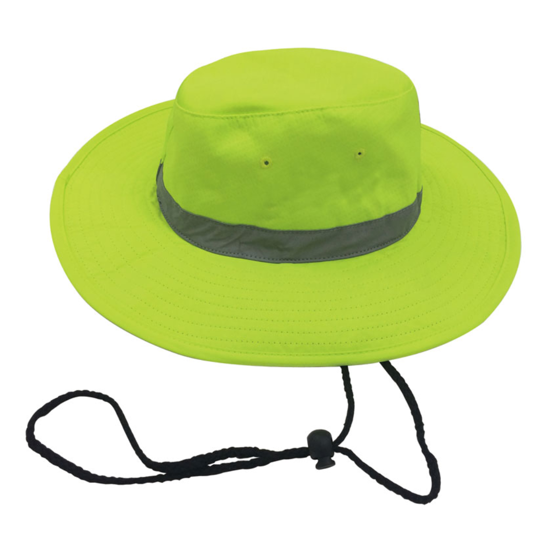 The French Linen Hat features a vibrant yellow wide brim, accented by a dark band at the base, and includes an adjustable chin strap with a toggle for style and comfort.
