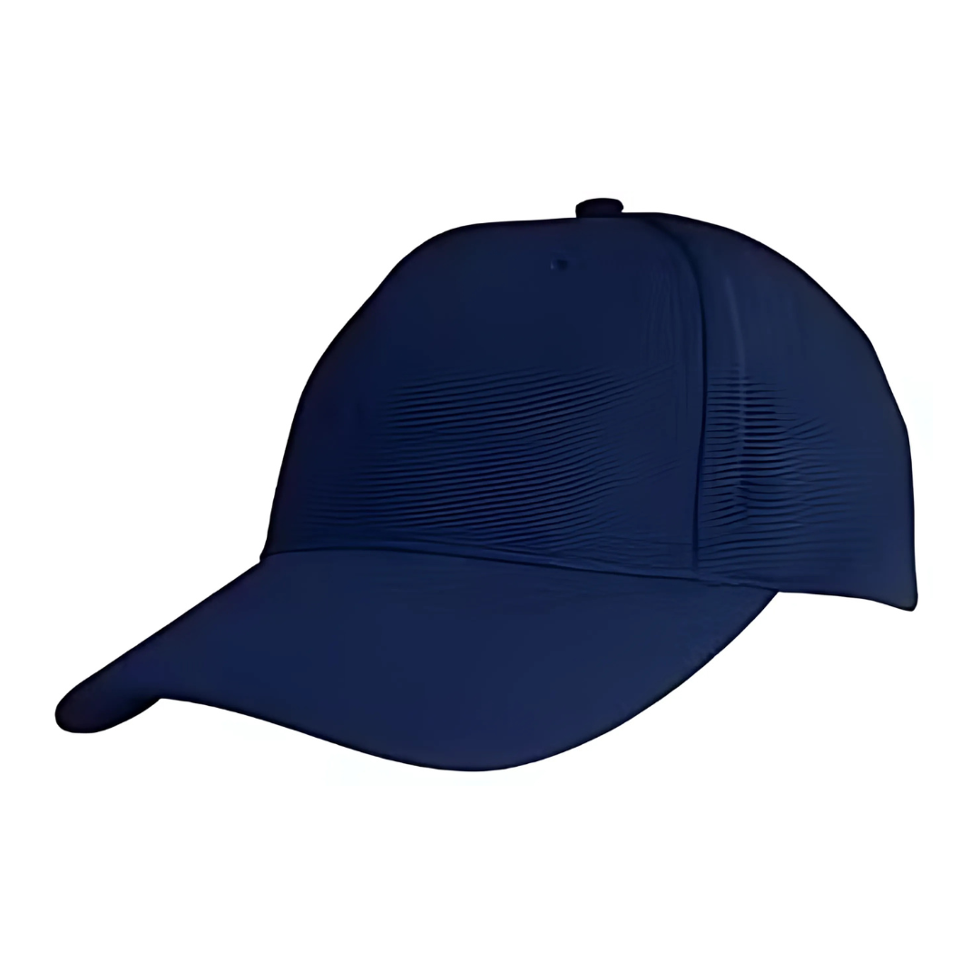 A side view of a plain navy blue Cotton Dyed Caps features a curved brim and a button top, with no visible logos or designs, set against a white background.