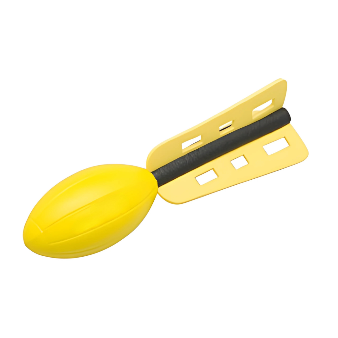 The Custom Branded Mini Flyer features a bright yellow foam rocket design with a black handle and two distinct angled fins with square cutouts at the tail, combining an American football shape for enhanced aerodynamic flight. Ideal for promotional events!.