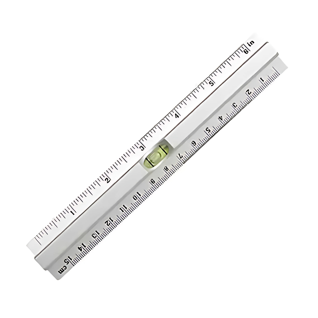 The Customised Aluminium 15cm Spirit Level Ruler features both inch and centimeter measurements with a built-in small spirit level at the center.