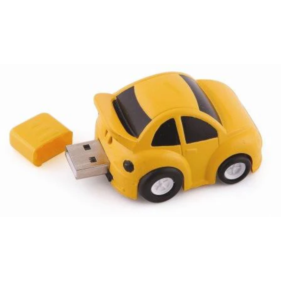 Yellow car-shaped USB drive with removable cap - Customised Car Flash Drive.