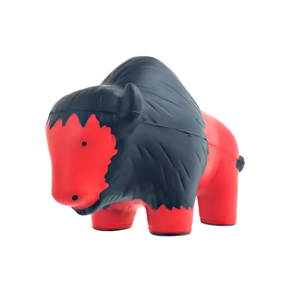 A small, stylized red and black Customised Stress Balls - Buffalo figurine stands out against a pristine white background, featuring exaggerated details like a large mane and compact body.