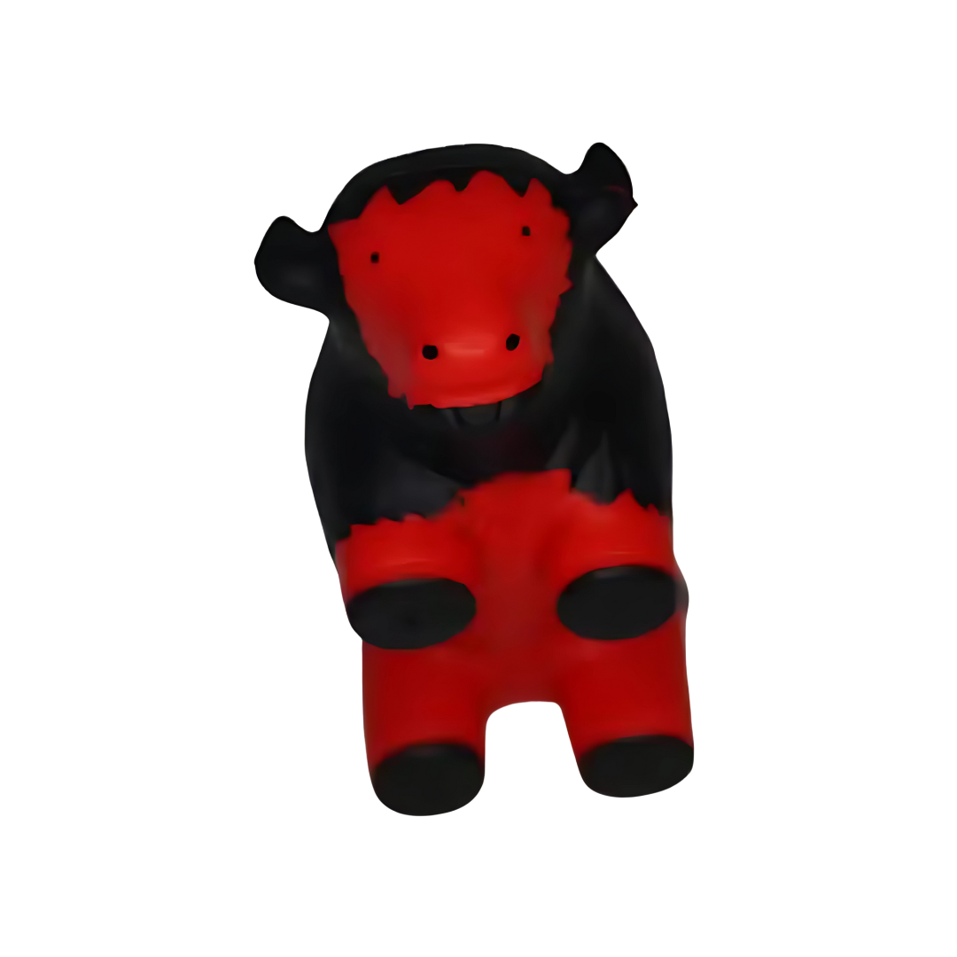 A small, colorful toy figure, the Customised Stress Balls - Buffalo, resembles a stylized black and red buffalo against a white background.