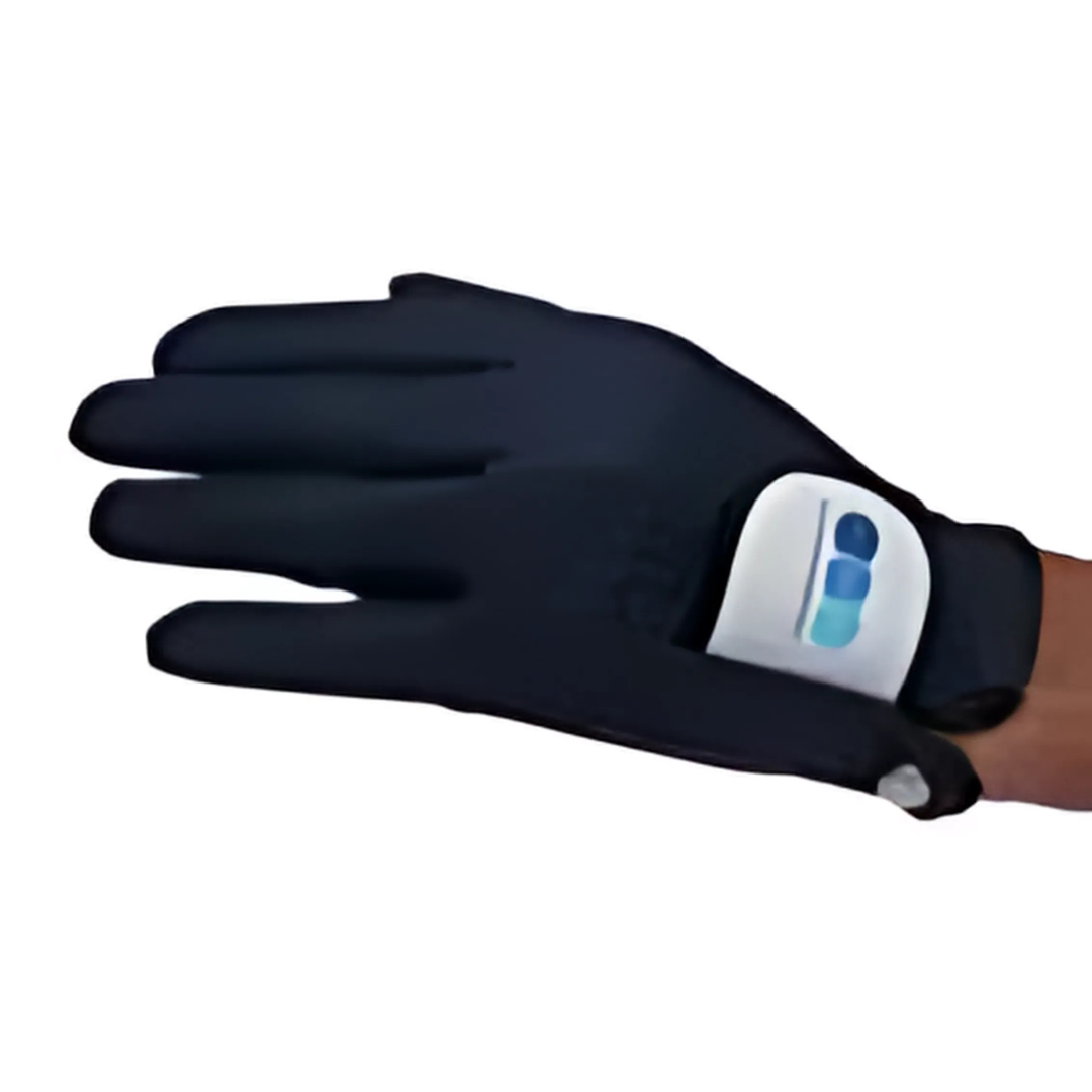 The Customized Golf Glove is black with a palm-down design, featuring a white electronic device with a blue logo, specifically tailored for golfers to enhance their golfing experience.