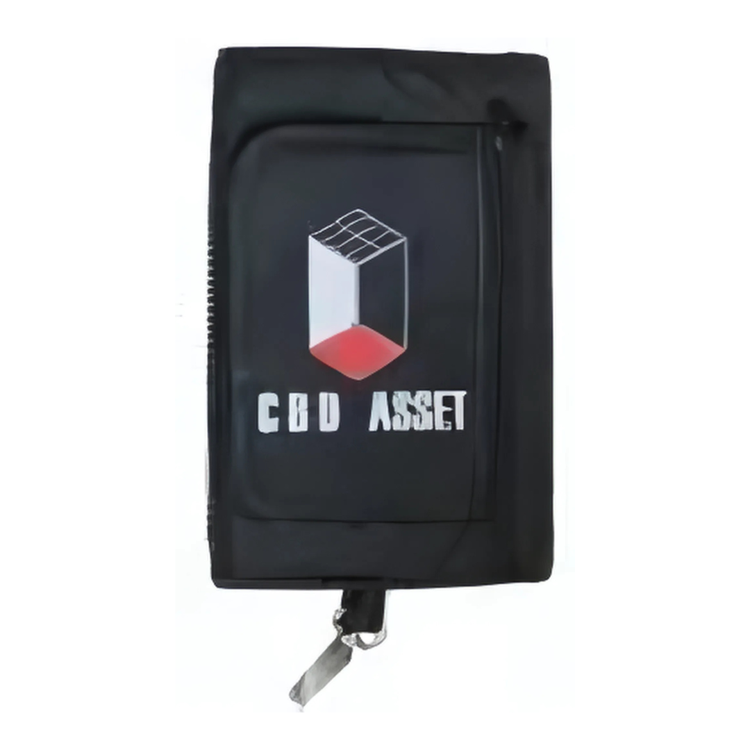 The Deluxe Company Golf Score Holder is a sleek black zippered pouch with a cube logo and CBD ASSET text, ideal for essentials on the course. Perfect for those who appreciate luxury in their golf gear, it complements any golfers ensemble while keeping your score holder secure.