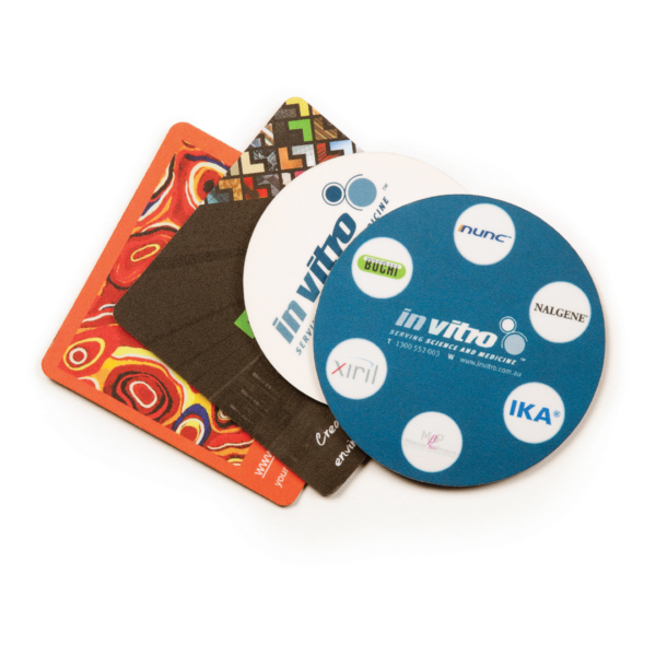 set of fan-shaped, promotional colorful coasters with corporate branding.