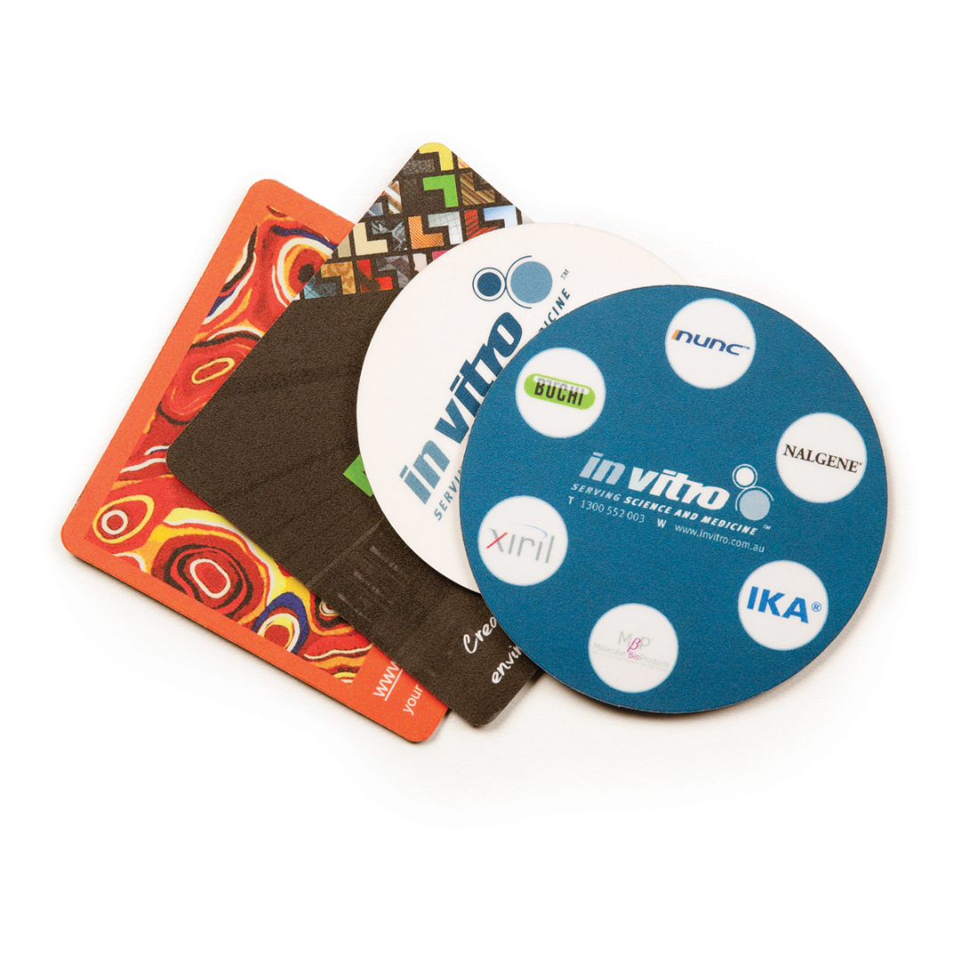 set of fan-shaped, promotional colorful coasters with corporate branding.