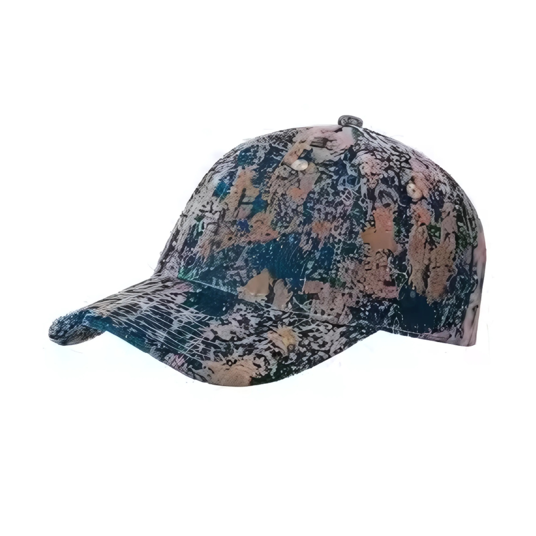 Panel Cap with Fabric Strap featuring an abstract paint splatter design.