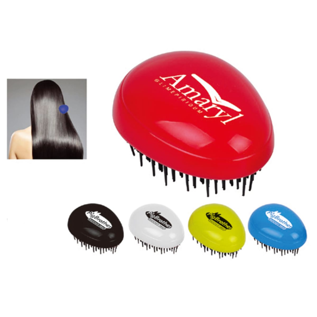 Five colorful hairbrushes, one red with Amayl logo, next to an image of smooth hair.