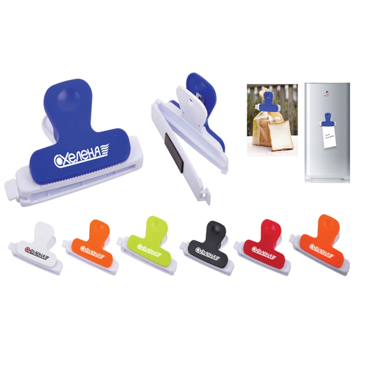 Colorful magnetic bag clips shown in various colors, used on bags and a refrigerator.
