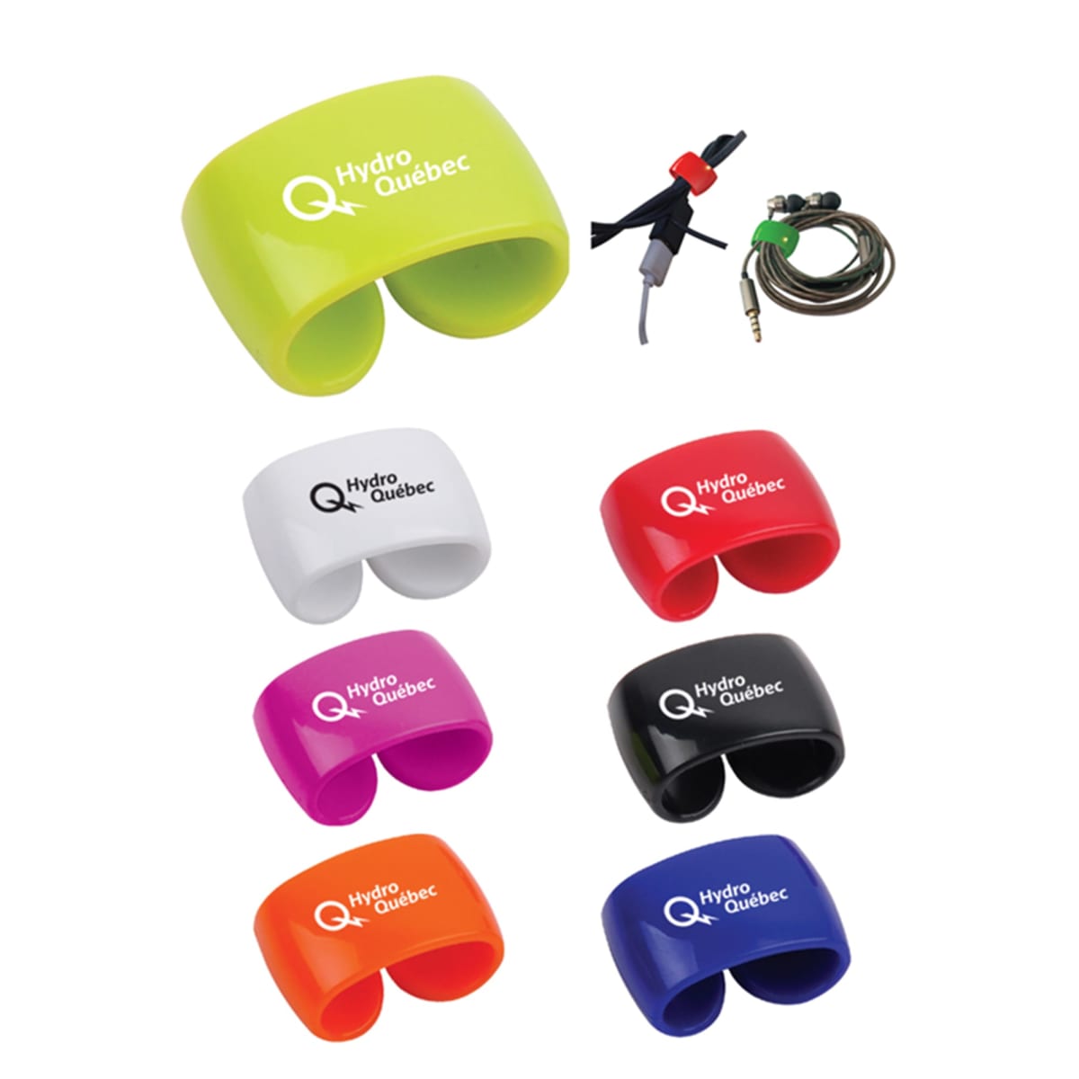 Colorful cable organizers and cables, each with the Hydro Québec logo on them.