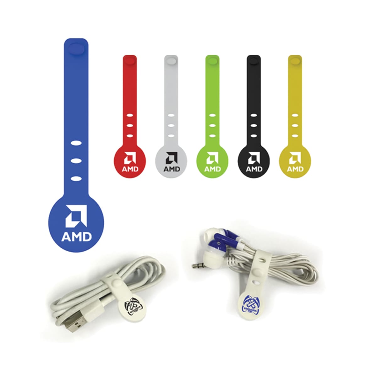 Colorful AMD-branded silicone cable organizers with cords wrapped and secured below.
