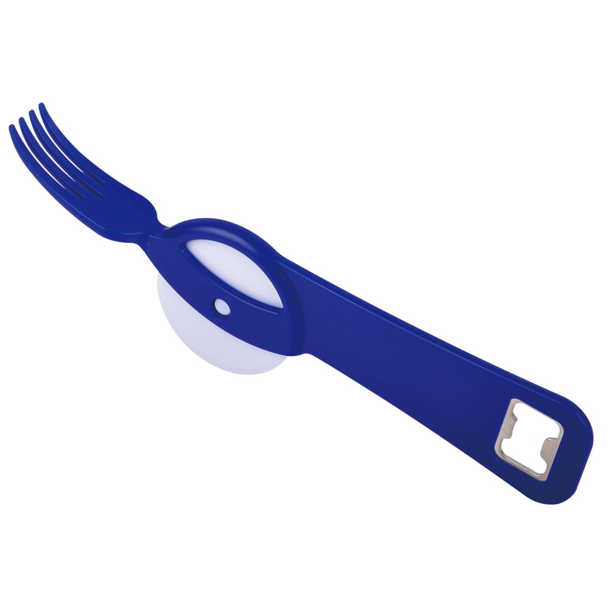 Blue plastic utensil with a fork end, round white section, and bottle opener handle.