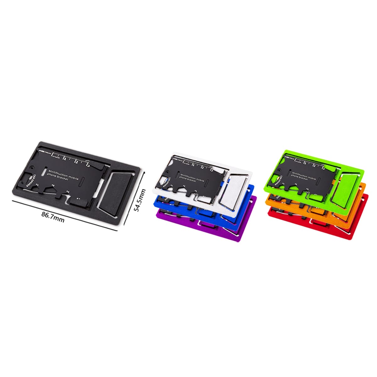 Stacked multi-tool cards in various colors, with one black card showing measurements.