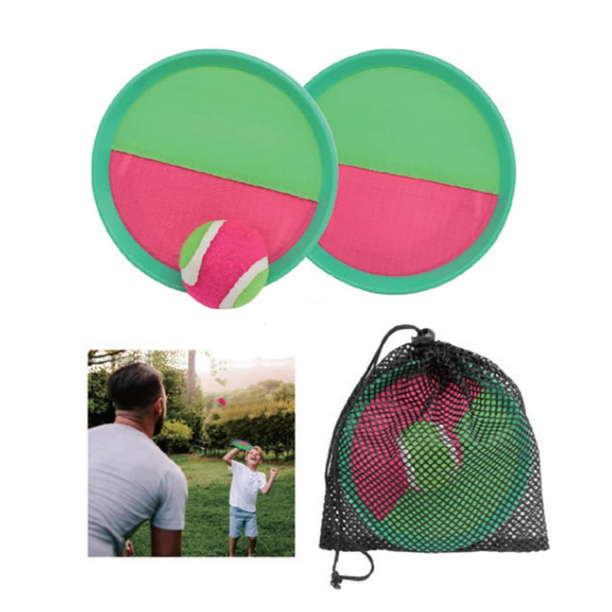 Two catch paddles, a ball, and a game in progress.
