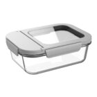 Clear glass food container with a gray airtight lid, shown on a white background.