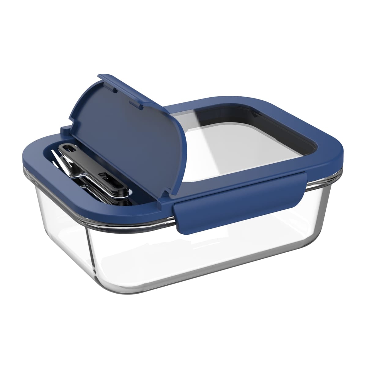 Glass food storage container with a blue lid and included utensils.
