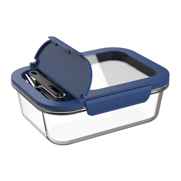 Glass food container with a blue lid and included cutlery.