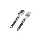 Camping cutlery set with a spoon and fork, featuring black handles.