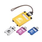 Four colorful luggage tags with straps, shown in yellow, white, pink, and blue.