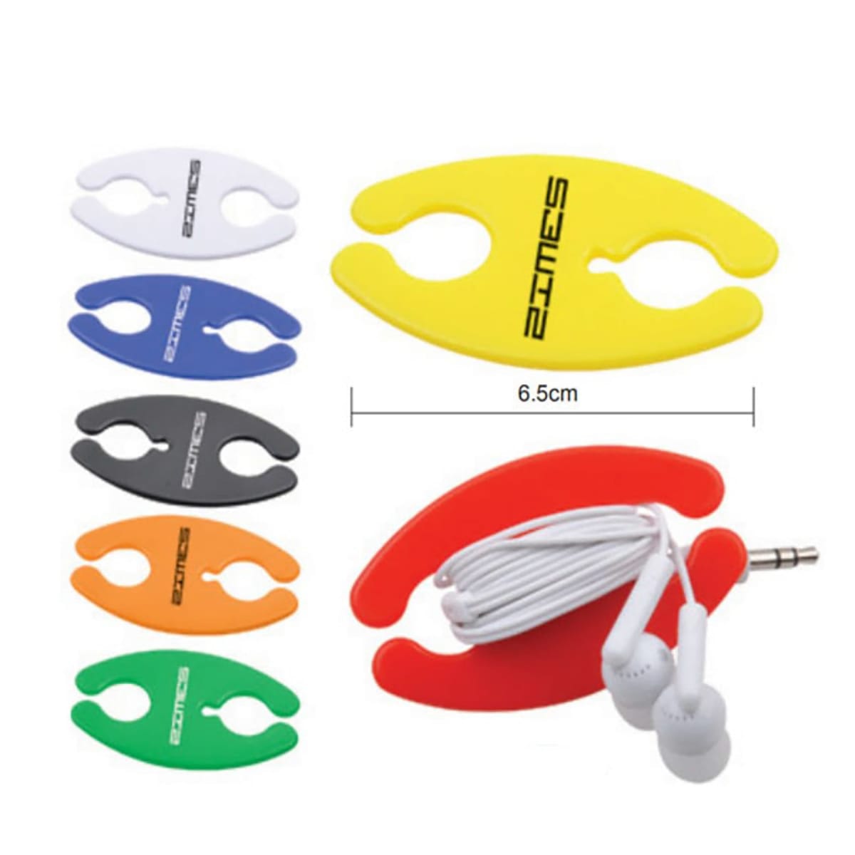 Colorful plastic cord organizers with earbuds wrapped around a red one, labeled 2TIMES.
