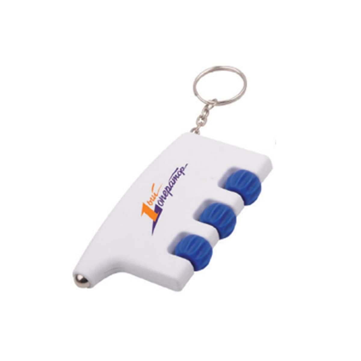 White and blue keychain shaped like a hand with three blue rotary dials and a logo.