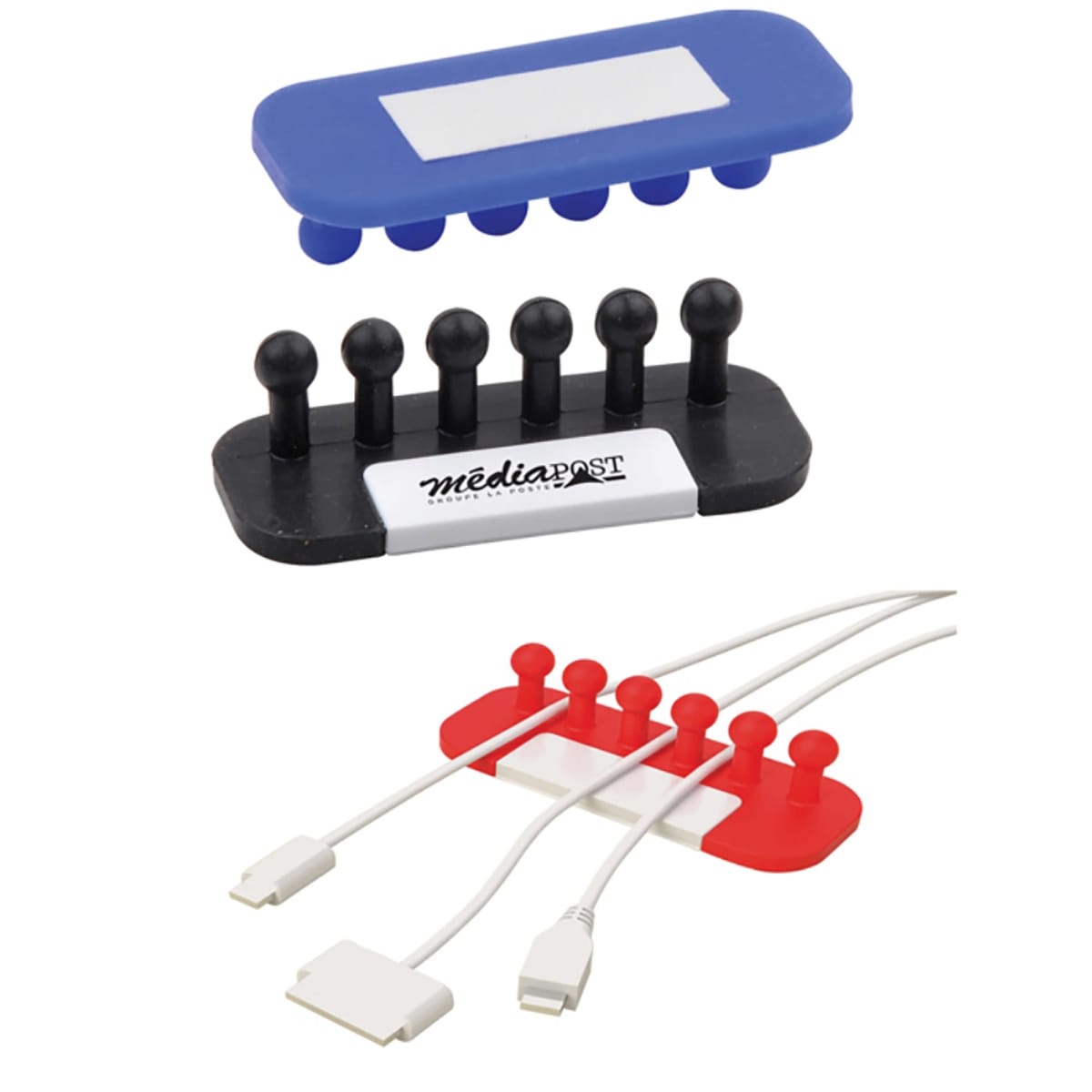 Three colorful cable organizers with flexible pegs, holding white charging cables.