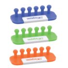 Three colorful cable organizers with five pegs each in blue, green, and orange.