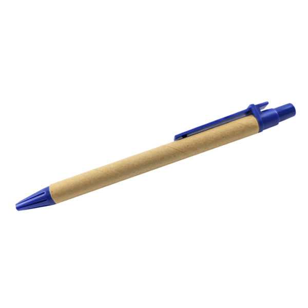 Eco Writer pen in blue and brown with a clip on a white background.
