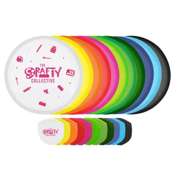 Stack of vibrant plastic lids with The Crafty Collective logo, perfect for Fling Thing Flyer.
