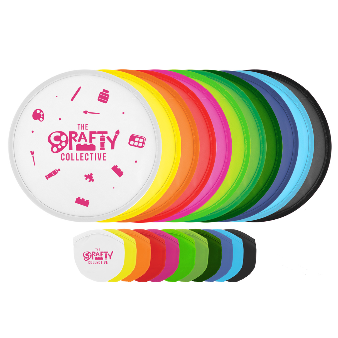 Stack of vibrant plastic lids with The Crafty Collective logo, perfect for Fling Thing Flyer.