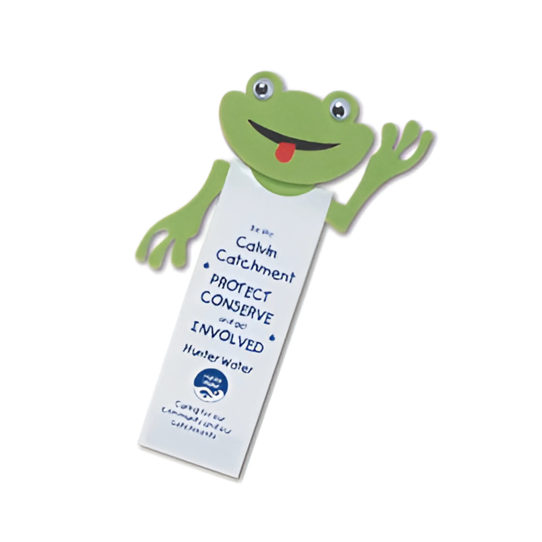 Illustration of a smiling green frog character with big eyes waving, resembling a magnetic charm. Text: “Be the Calm in the Catchment. Protect, Conserve, and be Involved. Hunter Water.” A conservation message enhances this Frog Magnetic Custom Bookmark design.