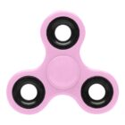A pink three-pronged fidget spinner with black bearings on each prong.