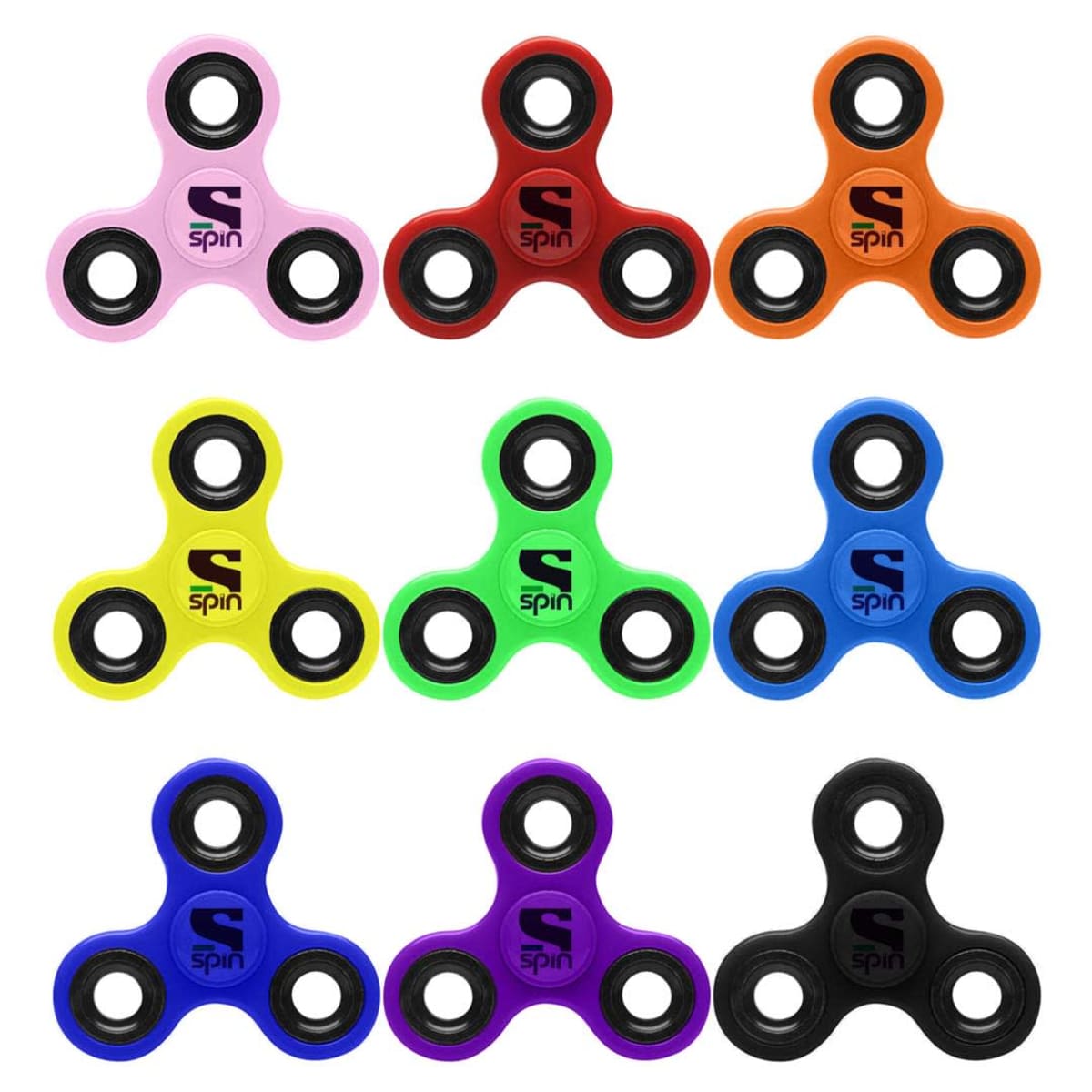 Nine colorful fidget spinners arranged in a 3x3 grid on a white background.