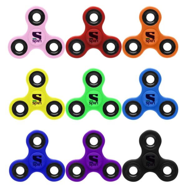 Nine colorful fidget spinners arranged in a 3x3 grid on a white background.