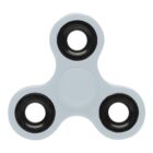 A gray three-pronged fidget spinner with black circular bearings.