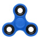 Blue plastic fidget spinner with three black bearings on a white background.